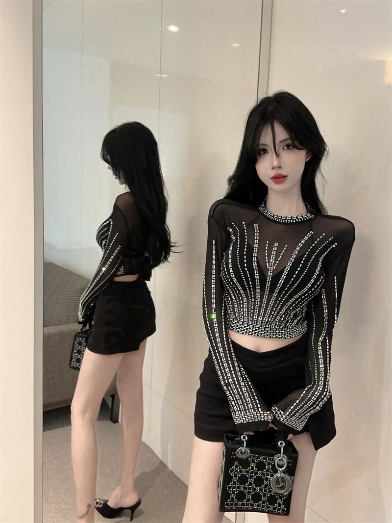 Product Introduction of Affordable Luxury Style Heavy Embroidery Hot Drilling Slim-Fit Short Long Sleeve Bottoming Shirt American Sexy See-through Sweet Cool Girl Mesh T-shirt Women 14