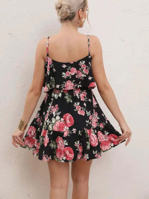 Women's Floral Print Cold Shoulder Ruffle A Line Dress, Boho Flounce Sleeve Short Dress for Beach Holiday Vacation, Ladies Summer Clothes 7