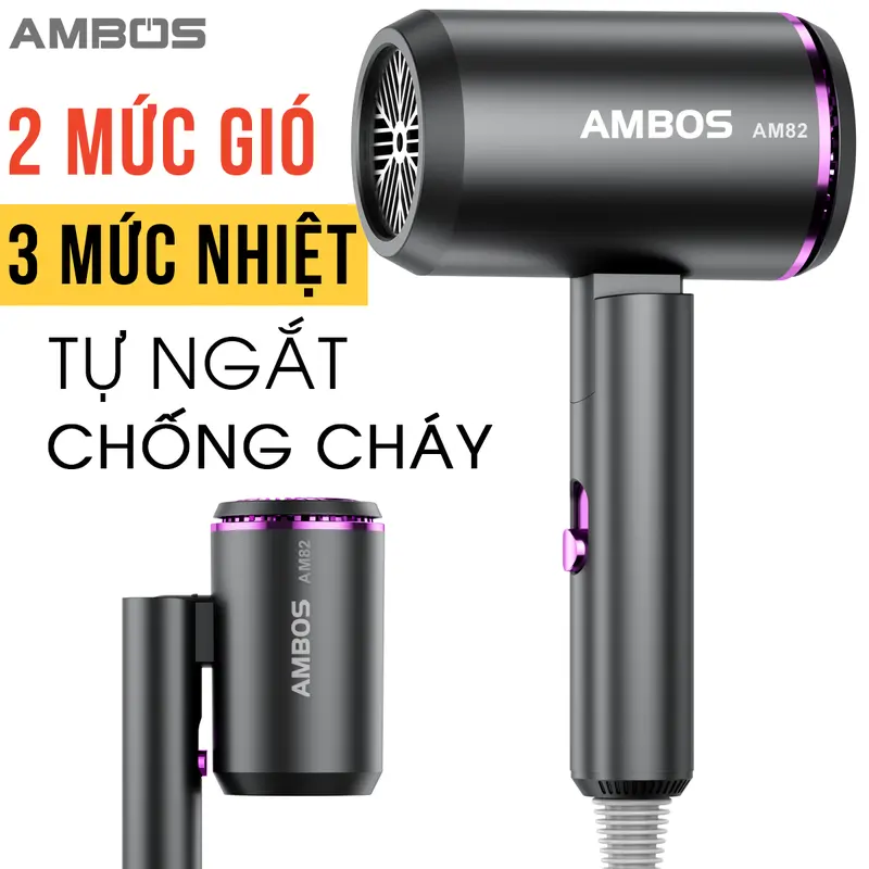 Máy sấy tóc Ambos 3 mức nhiệt nóng lạnh, ion âm và ánh sáng nano xanh giúp mượt tóc chống khô xơ, lực sấy mạnh, bảo hành đổi trả toàn quốc nếu lỗi 0