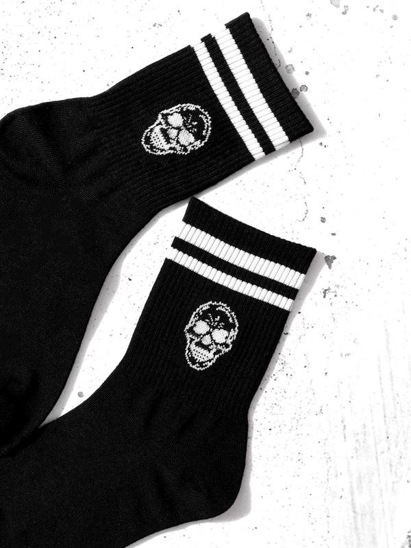 Women's 1 Pair Skull & Striped Pattern Crew Socks, Sporty Casual Mid-calf Socks, Ribbed Knit Socks for Women, Women's Hosiery 3