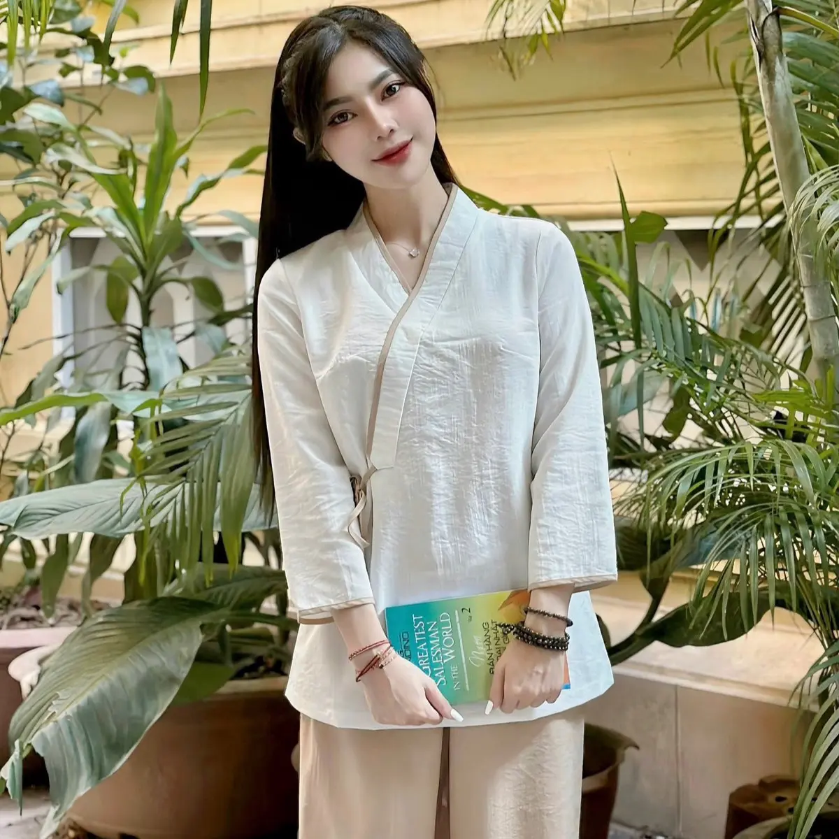 Pháp Phục Đi Chùa Giản Dị Nhẹ Nhàng (Tặng Chuỗi 108 Hạt) Nữ Women chỉ giặt tay nút đen đính nơ cúc trang phục truyền thống xl đồng nâu Voan Dress