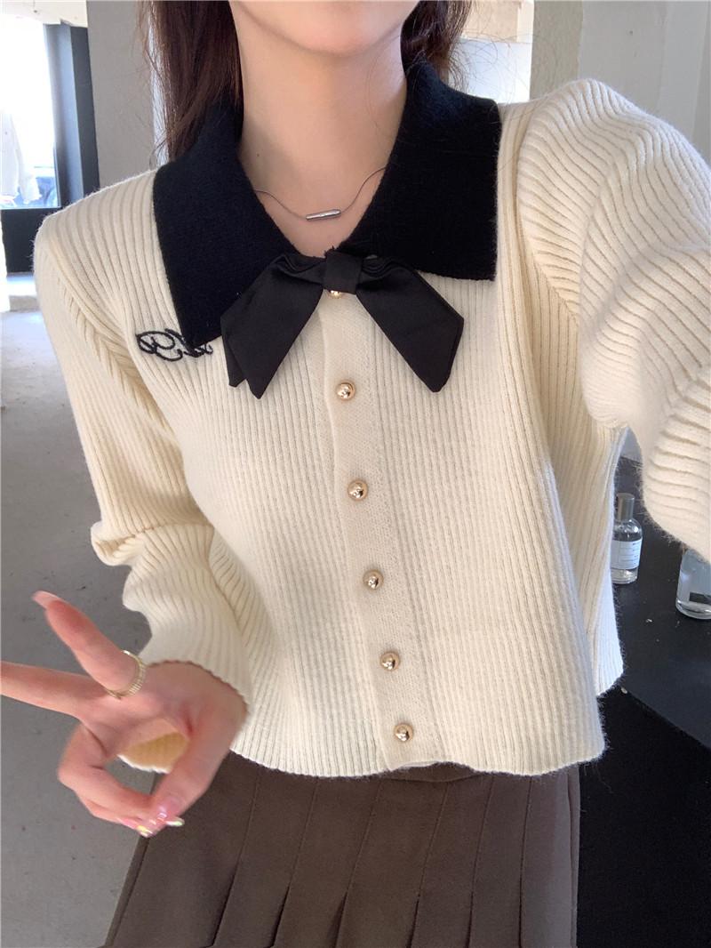 Product Introduction of Áo Cardigan Dệt Kim, Hàng Mới Về Mùa Thu, Dành Cho Nữ, Cổ Áo Màu Tương Phản, Có Nơ, Chiều Dài Ngắn, Thiết Kế Thời Trang 5