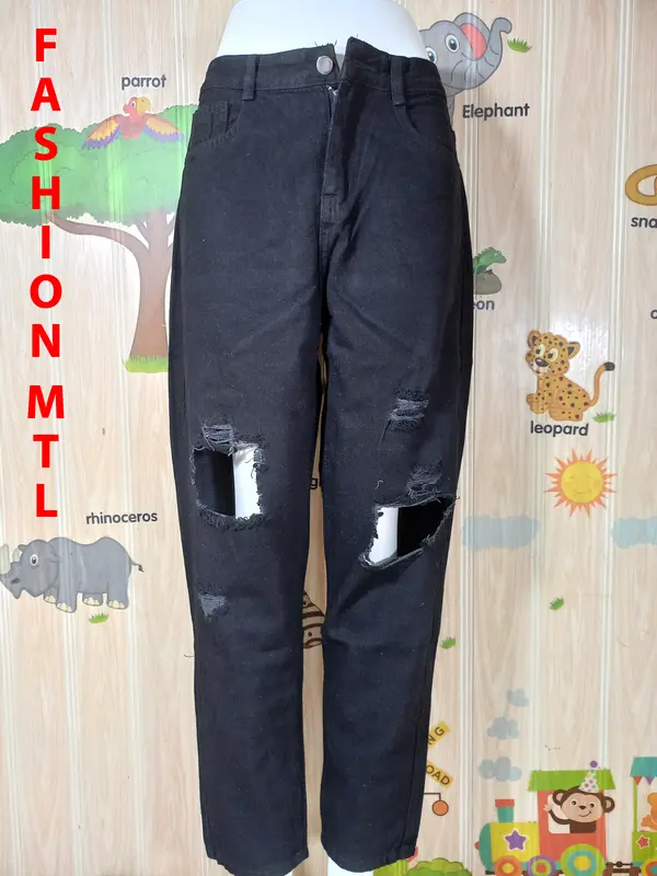 Quần jean baggy nữ màu đen rách gối, cạp cao cá tính kiểu dáng hàn quốc Pants Women mã 522 5
