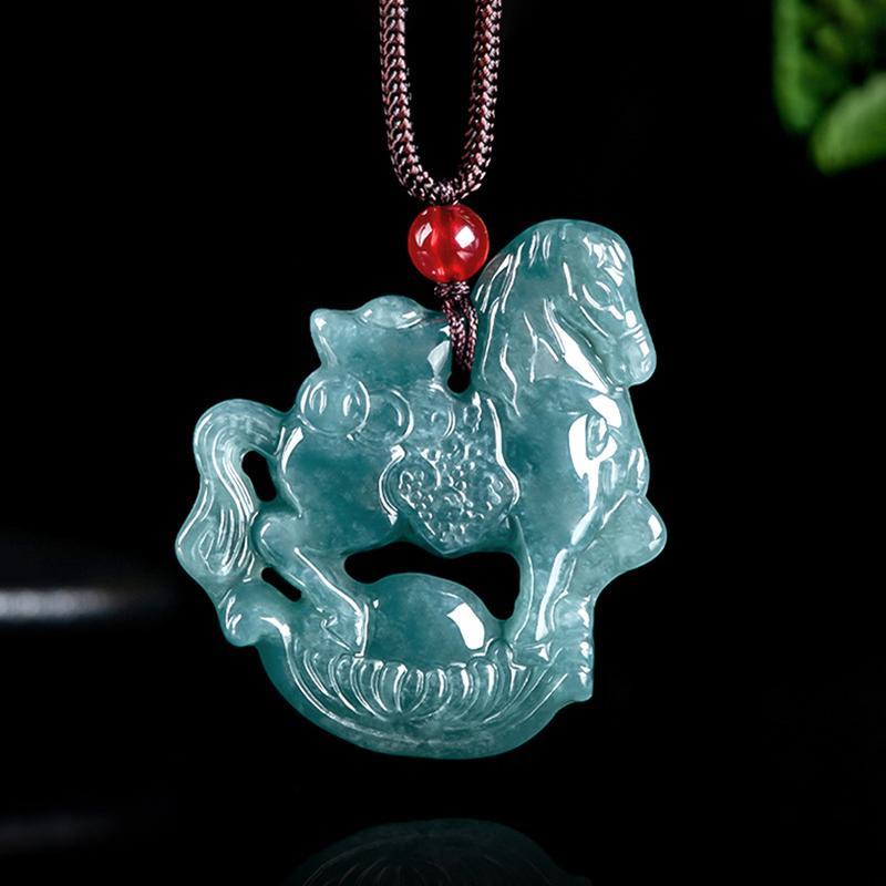 Natural A Grade Jadeite Blue Water Yuanbao Horse Pendant "Get Rich Soon" Ice Jade Zodiac Horse Jadeite for Men and Women 1