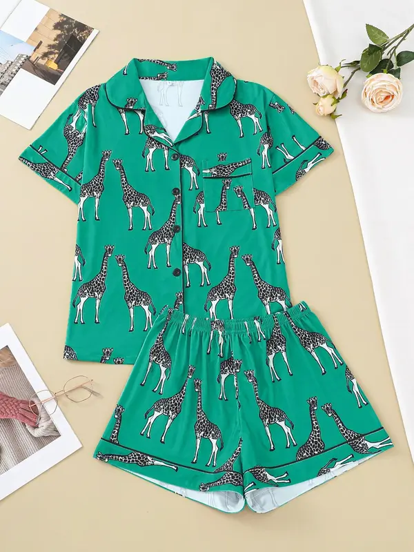 Women's Cartoon Giraffe Print Pyjama Set, Button Front Lapel Shirt Tops & Shorts Loungewear Set, Pjs Pajama Set for Women, Shortsleeve Homewear, Lounge Sets, Hide Tummy Wear Uk, Womenswear, Womens Clothes, Premium Fabric 5
