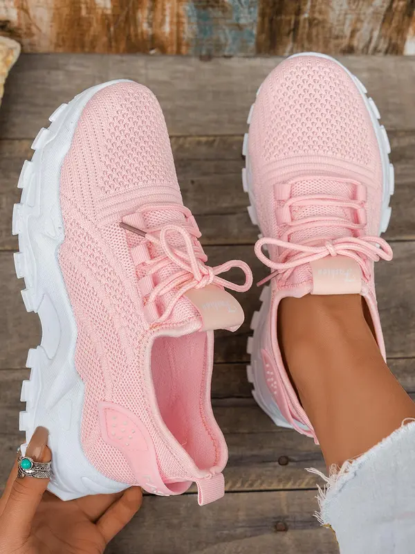 Women's Solid Color Lace Up Mesh Breathable Lightweight Running Shoes, Casual Comfortable Sports Shoes, All-match Round Toe Walking Shoes for Daily Wear 8