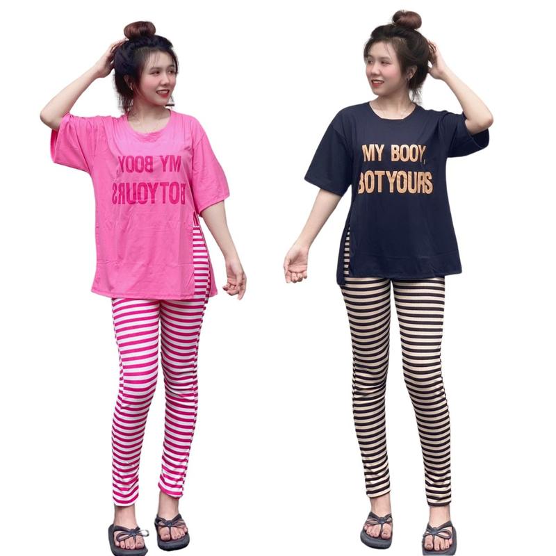 Đồ Bộ Nữ Bigsize Quần Dài Ôm Áo From Rộng Xẻ Tà 1 Bên ESHOP Đồ bộ mặc nhà nữ quần legging thun gân có túi đẹp dễ thương đi chơi thoải mái Top Sọc