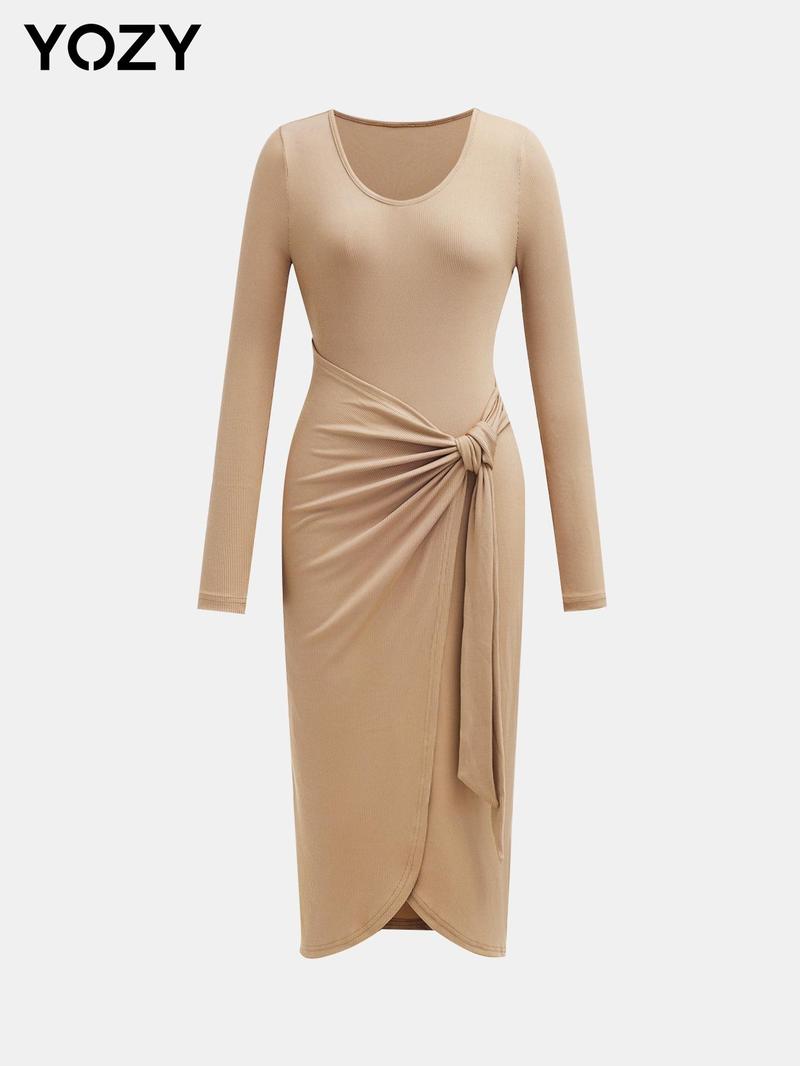 Product Introduction of YOZY Women's Plain Knot Front Wrap Ribbed Midi Dress, Casual Long Sleeve V Neck Dress for Daily Wear, Ladies Clothes for All Seasons 15