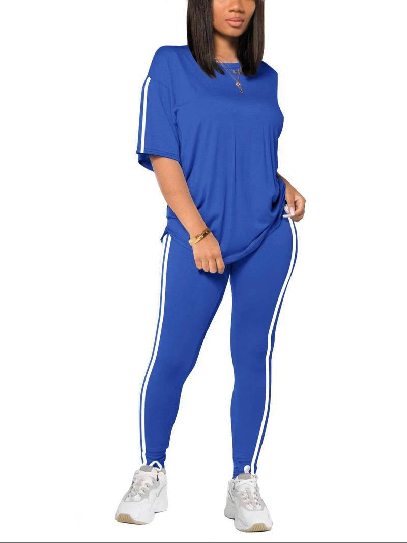 Product Introduction of Two-Piece Set Women's Side Stripe Tee & Pants Set, Casual Round Neck Half Sleeve T-shirt & Trousers, Women's Spring & Fall Clothes 3