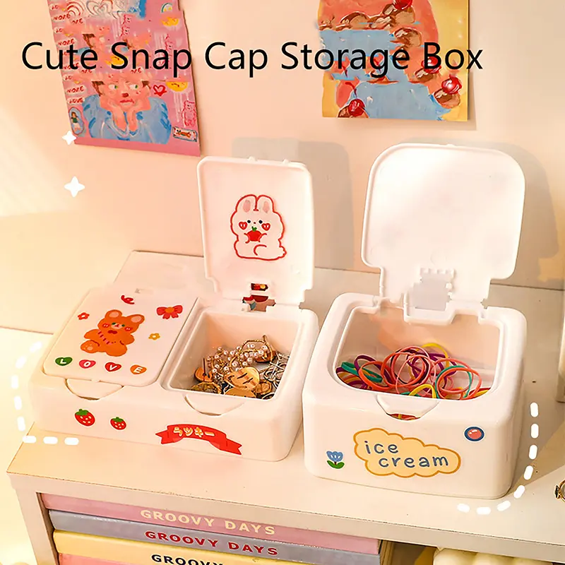 HIH-Kawaii กล่องจัดระเบียบโต๊ะการ์ตูน กล่องเก็บเครื่องสำอางปุ่มพร้อมฝาปิด ที่เก็บเครื่องประดับขนาดเล็ก ภาชนะแต่งหน้าเครื่องสำอาง