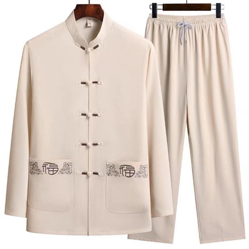 Bộ trung niên nam dài tay chất liệu đũi thoáng mát Bộ đồ trung niên cổ tàu họa tiết túi sang trọng