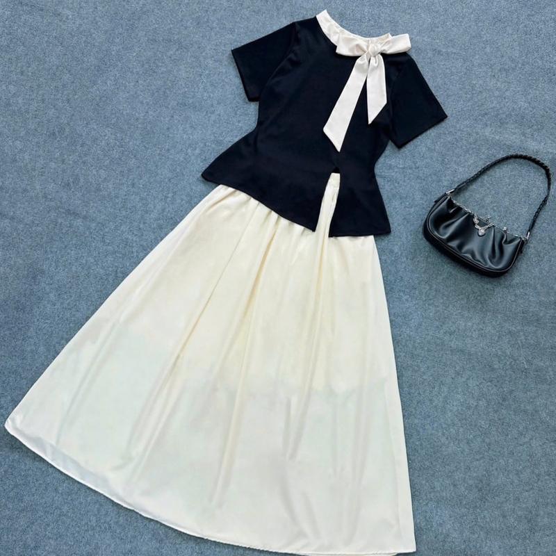 Sét bigsize nữ có lẻ áo thiết kế dáng dài áo thun ruby co giãn buộc nơ xinh kèm váy lụa xoa dáng A mềm mát cho nữ Đậu bigsize Kem Women. A251 CV15 SET848 Đậu bigsize