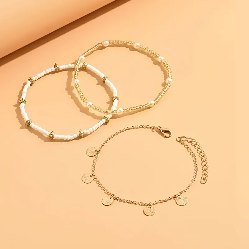 [3pcs Golden-Tone Pendant Anklet] 3pcs/Set Simple Golden-Tone Circular Pendant Tassel Beaded Anklet for Women, Suitable for Daily Wear And Vacation 4