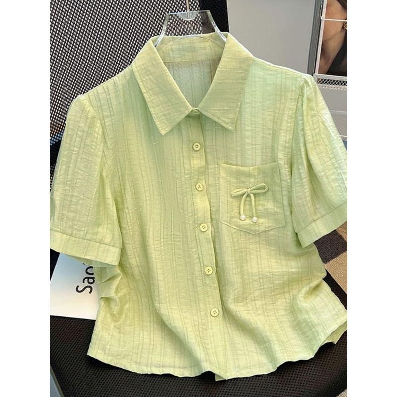 Áo Voan, Áo Sơ Mi Nữ Ngắn Tay, Dáng Rộng Vừa Vặn, Thiết Kế Cổ Polo, Có Thể Giấu Bụng, Hàng Mới Về 2024, Áo Sơ Mi Độc Đáo 5
