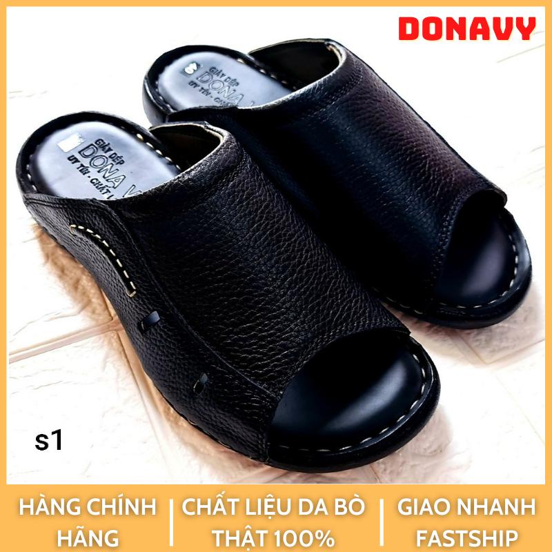 Dép nam quai ngang da bò tự nhiên đế cao su cao cấp chống trơn trượt d.sm