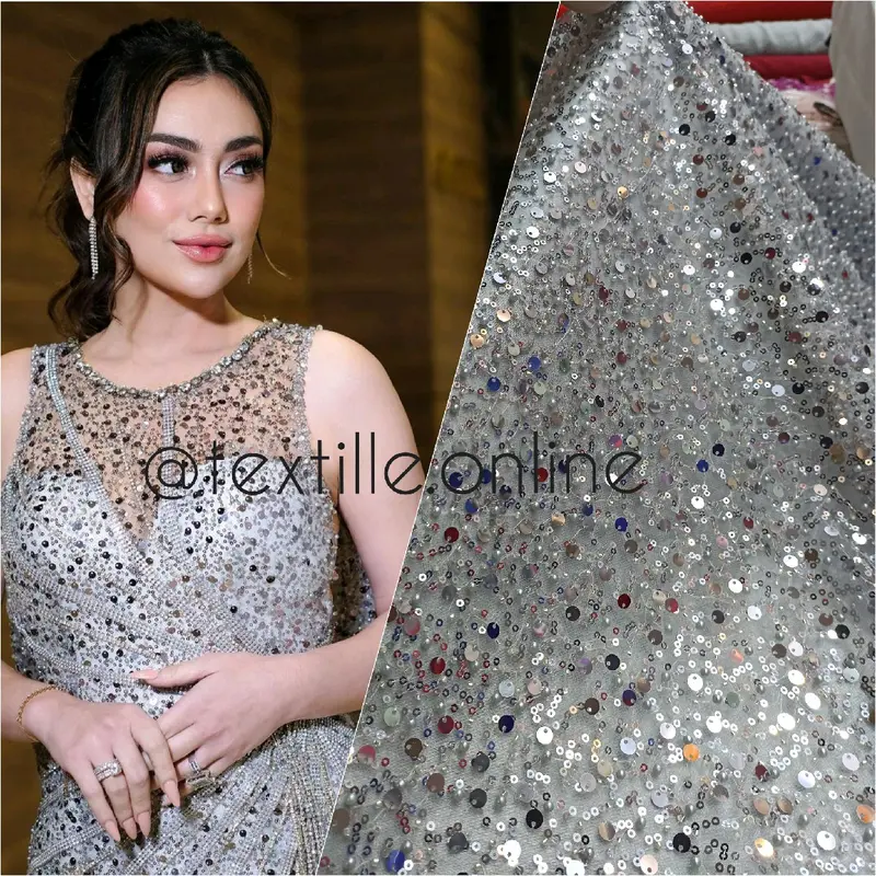 KAIN/BAHAN TILLE SIQUIN MUTUARA MIX PAYET GRADE A Pernikahan Anggun Manik-manik 0