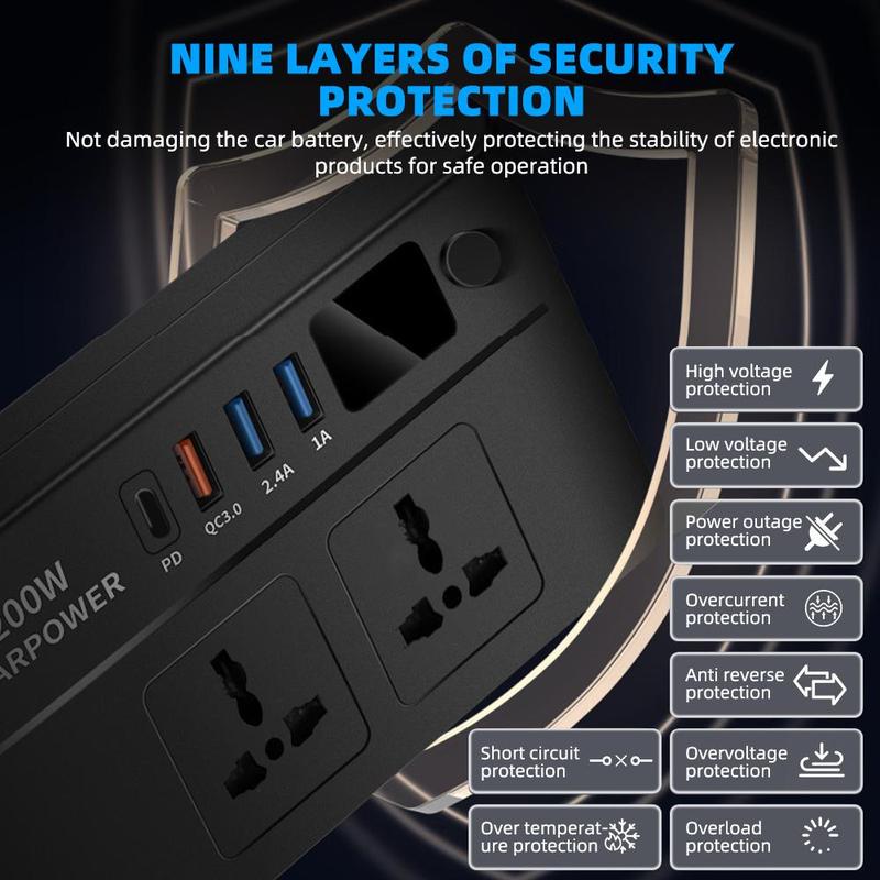 Product Introduction of 200W Car Power Inverter, Car Power Inverter with Multi Ports Charger, Portable Compact Inverter Socket Charger 5