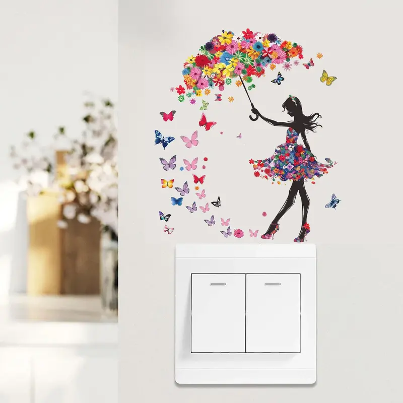 Butterfly Flower Umbrella Girl Switch Sticker Decorative Wall Sticker Bedroom Switch Socket Sticker Self-adhesive 2