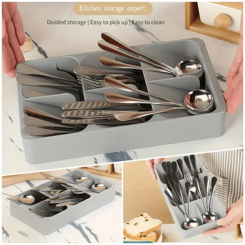 Multi-grid Drawer Cutlery Storage Box, 1 Count Adjustable Cutlery Storage Box, Non-slip Tableware Storage Box for Kitchen Counter & Drawer 4