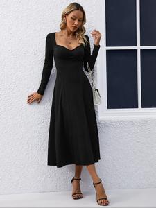 Women's Plain Sweetheart Neck Long Sleeve Dress, Retro Fashion Casual A Line Midi Dress for Daily Outdoor Wear, Women Dress for Spring Fall Valentine's Day, gift