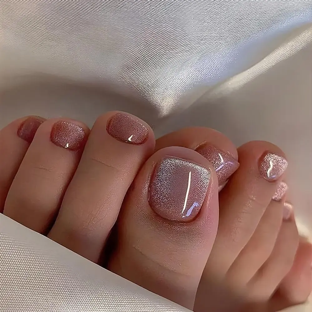 24pcs/box French Style Aurora Fake Toenails Cat Eye Short Square Foot Nails Full Cover Toe Nails For Women Girl