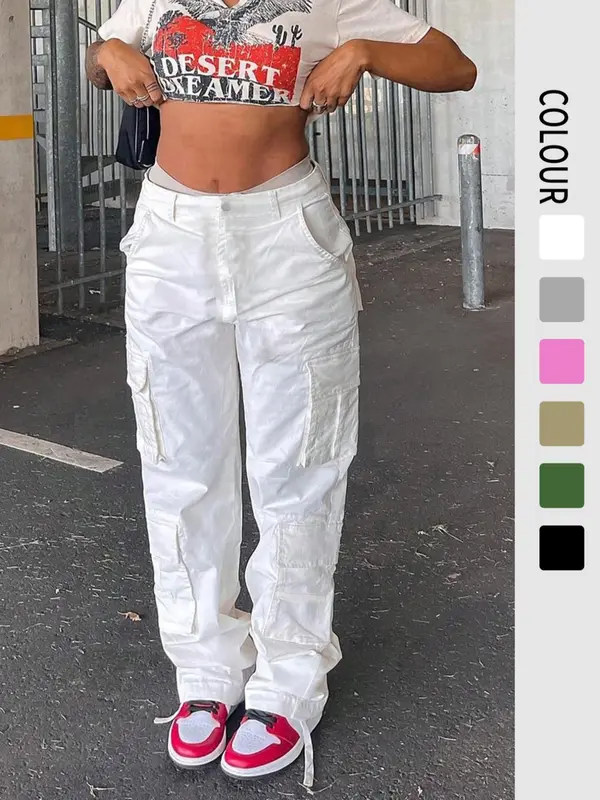 Women's Solid Multi-pocket Cargo Pants, Fashion Casual Trousers for Daily Wear, Ladies Bottoms for All Seasons 1