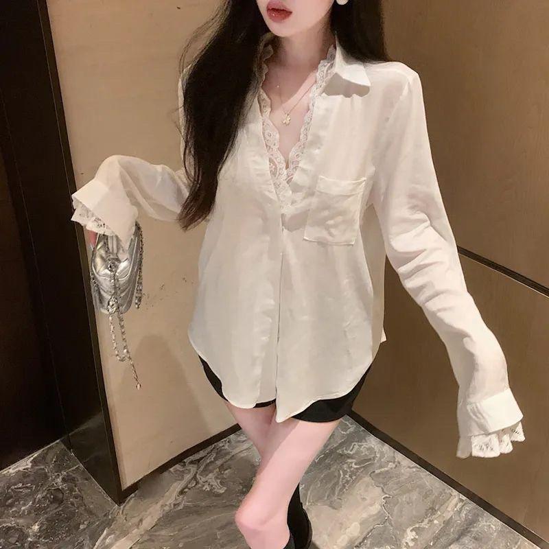 Product Introduction of Áo Sơ Mi Vải Lanh Và Cotton Màu Trắng, Giả Hai Mảnh, Dành Cho Mùa Hè Của Phụ Nữ, Áo Sang Trọng Và Đẹp Cao Cấp Dài Trung Bình Ren Chống Nắng 8