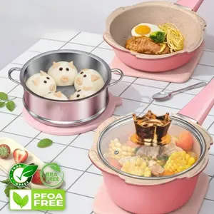Panci Mpasi Steamer Full Set 22Cm Panci Masak Tahan Lengket Panci Multifungsi 3in1 dan 4in1 Alat Dapur Kaca Pink Aluminium Kitchenware