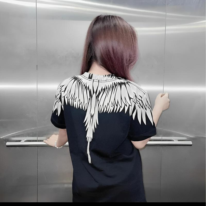 Áo cánh chim trắng Cho Các Boy Phố Đi Chơi Đi Biển Hót 2023 áo from rộng. Áo đại bàng Phông Nam Nữ In Hình Đôi Cánh Trắng Tràn Cổ Hai Mặt Top Cổ Tròn Thun Đen Áo Thun