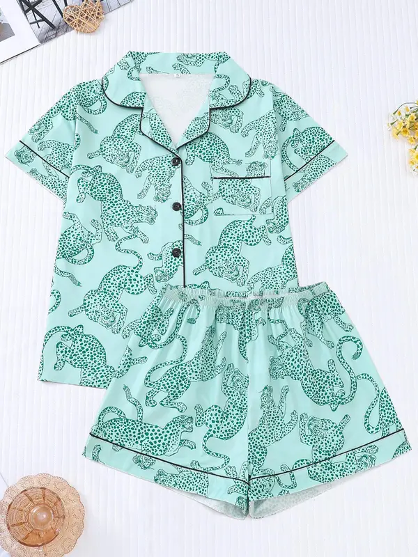 Women's Cartoon Print Contrast Binding Pocket Lapel Shirt & Elastic Waist Shorts Pyjama Set, Casual Comfy Button Front Short Sleeve Top & Shorts Pj Set, Pyjamas for Women, Pajamas, Ladies Sleepwear, Pyjamas for Women, Homewear, Womens Clothes 1