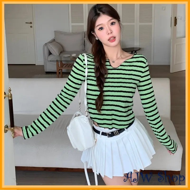 Long Sleeve Crop Top Lengan Panjang XBB | Atasan Wanita Lengan Panjang Bawah Oval Korean Style | T shirt Wanita Strip Oval Kekinian