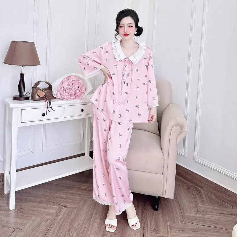 Bộ Tiểu Thư Nơ Phối Ren Quần Dài Lụa Latin (Freesize 40-70kg) Pijama Nữ Women 2