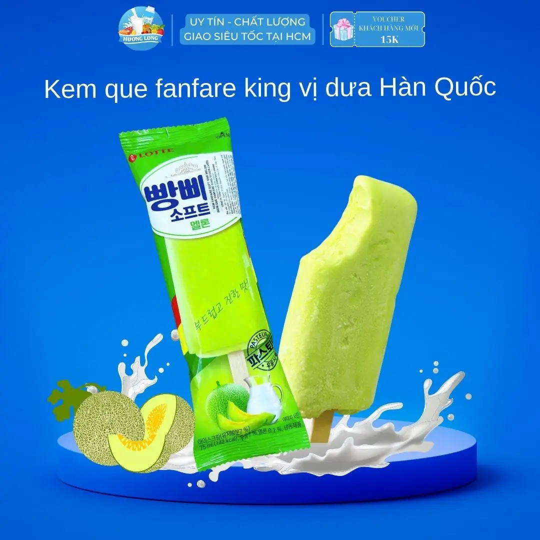 [HCM] Kem Que Fanfare King Vị Dưa Lưới Soft Bar Melon 75ml đến từ Hàn Quốc, mát lạnh tự nhiên thơm vị dưa lưới và sữa kết hợp - Hương Long Food kem delight  vinamilk kem bắp Nho Ăn Vặt Kem Tươi kem đá  want want