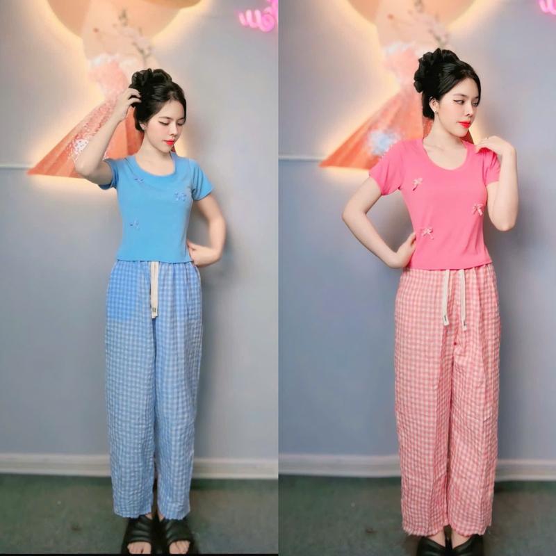 B-51 ÁO CROPTOP PHỐI NƠ SIÊU XINH KẾT HỢP QUẦN BAGGY KẺ CARO CHO CÁC NÀNG. Nữ Women