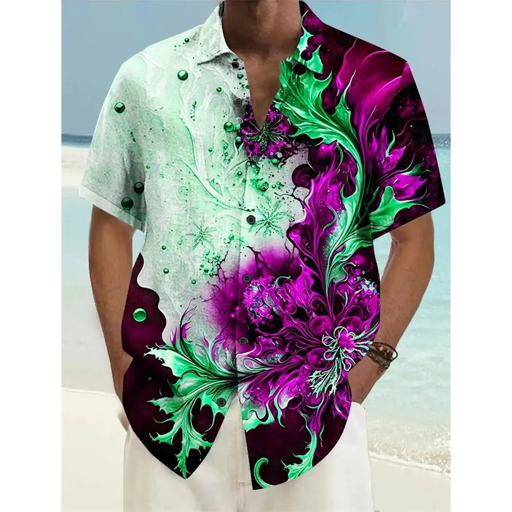 Vintage Floral Pattern Shirt, 3D Printed, For Men and Women, Trendy Style, Short Sleeve, Lapel Collar, Hawaiian Style Shirt, Suitable for Summer Vacation Wear