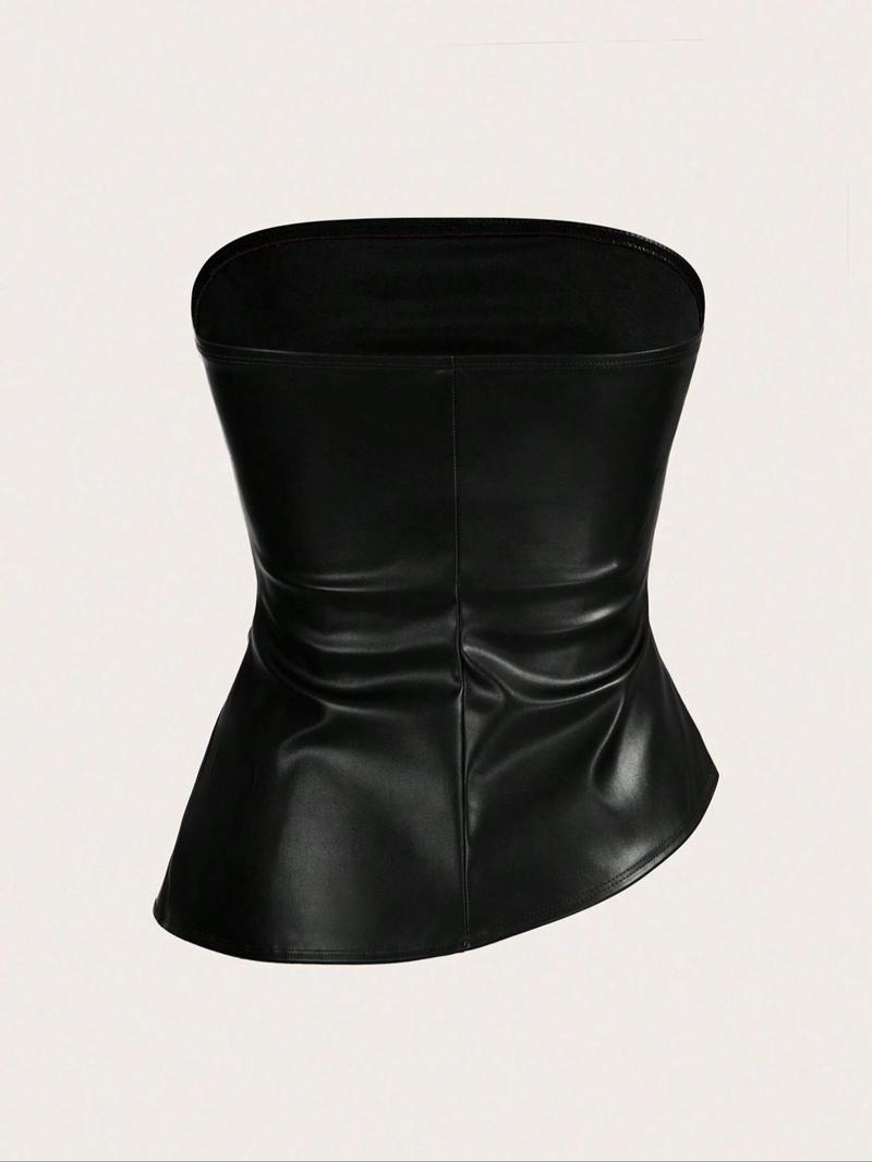 Product Introduction of Women's Solid Color PU Leather Tube Top, Fashionable Asymmetrical Hem Top for Daily Outdoor Wear, Ladies Clothes for Summer 4