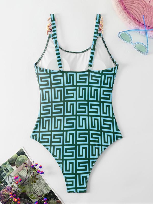 Women's Geometric Print Ring Linked One-Piece Swimsuit, Boho Sleeveless Adjustable Straps Swimwear, Women's Summer Swimsuit 6