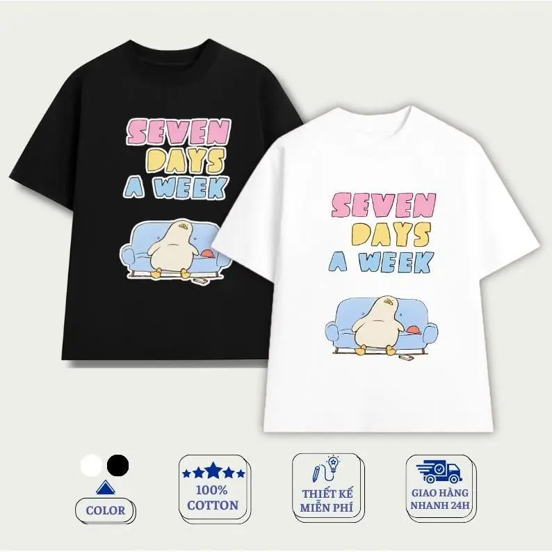 Áo Thun UNISEX in hình Vịt meme hài hước SEVEN DAYS A WEEK SO TIRED - vải Cotton co dãn mát mẻ, thoáng khí Top Cổ Tròn Cotton 230g áo thun nam 2025 mới