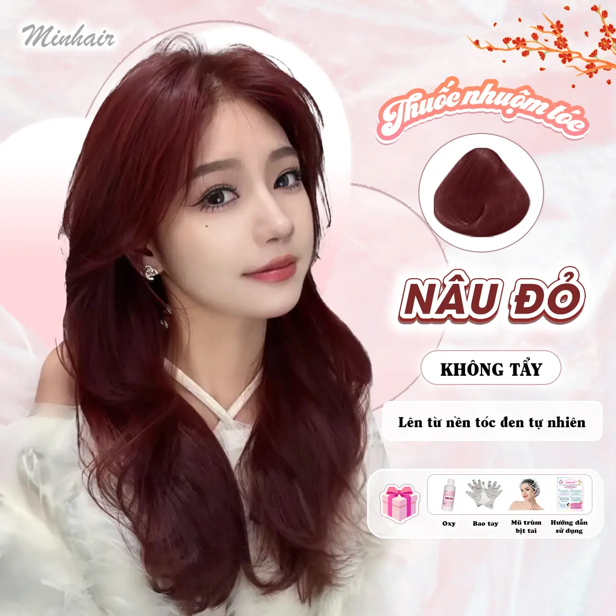 Thuốc nhuộm tóc Nâu Đỏ không cần tẩy, Minhair, tặng kèm oxi trợ dưỡng và bao tay, trùm tai, trùm đầu Đổi Màu Tóc  Nữ Women