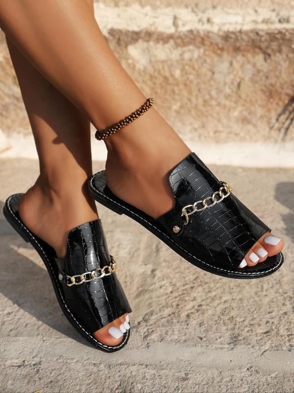 Women's Fashionable Chain Decorated Slides, Casual Comfortable Flat Sandals for Summer, Lightweight Breathable Shoes for Beach Vacation, Footwear 8