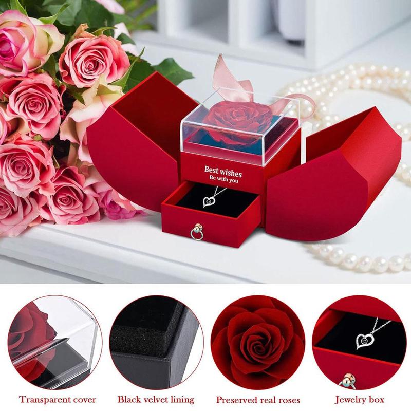 Product Introduction of Heart Shaped Preserved Rose Gift Box, 1 Set Including Necklace & Gift Box & Artificial Rose & Gift Bag, Birthday Gift Box for Girlfriend & Wife, Valentine's Day Gift Idea 4