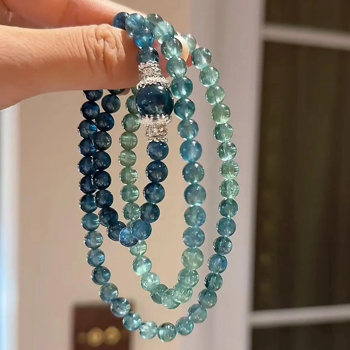 Aquamarine Clear Green Three Circles Twin Bracelet round Beads Zircon Elastic String All-Match Good-looking Gradient Multi-Purpose Clavicle Chain art  phro pixiu