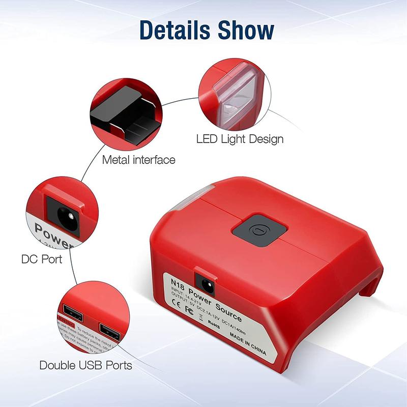 Product Introduction of Battery Adapter for Milwaukee 18V Lithium Ion Battery, Battery Adapter with DC Port & LED Work Light & Dual USB Ports, for Milwaukee 49-24-2371 M18 Power Source 37