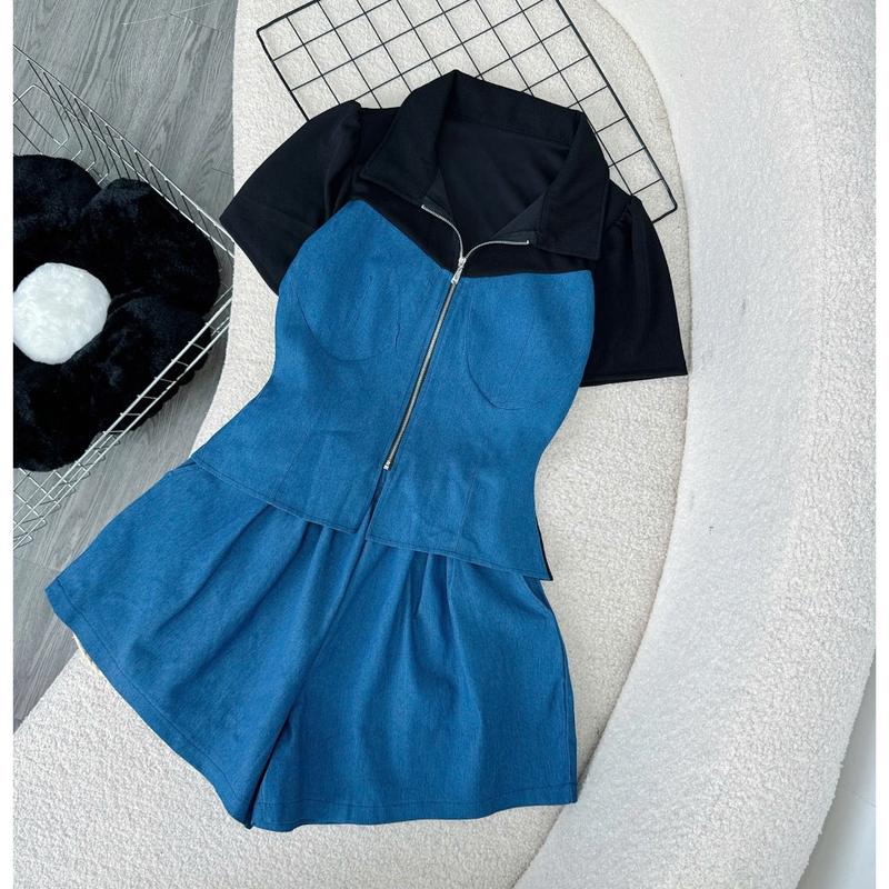 Set Bộ Bigsize Nữ Áo Tay Ngắn Cổ Polo Khóa Kéo, Quần Đùi Lưng Cao Có Túi Jean Giấy Pha Thun Ruby Cao Cấp Dáng Vừa SET839