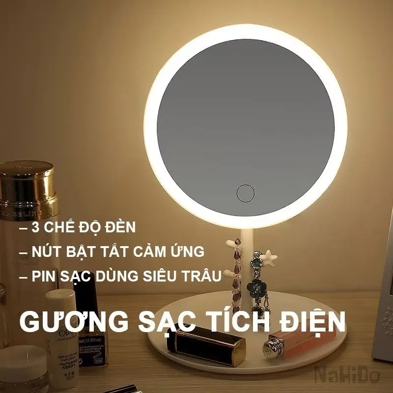 [Kèm Dây Sạc] Gương đèn LED cảm ứng 3 chế độ ánh sáng hình tròn để bàn trang điểm - Giao Màu Ngẫu Nhiên 1