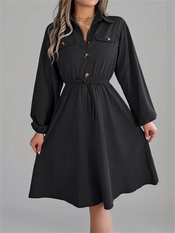 Women's Plain Flap Fake Pockets Dress, Casual Long Sleeve Collared Dress for Spring & Fall, Women's Clothing for Daily Wear 4