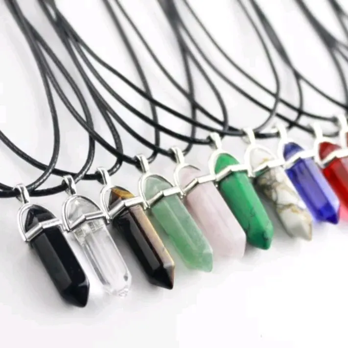Kalung Batu Alam Hexagonal dengan Liontin Bandul - Silver - Rantai, Kulit