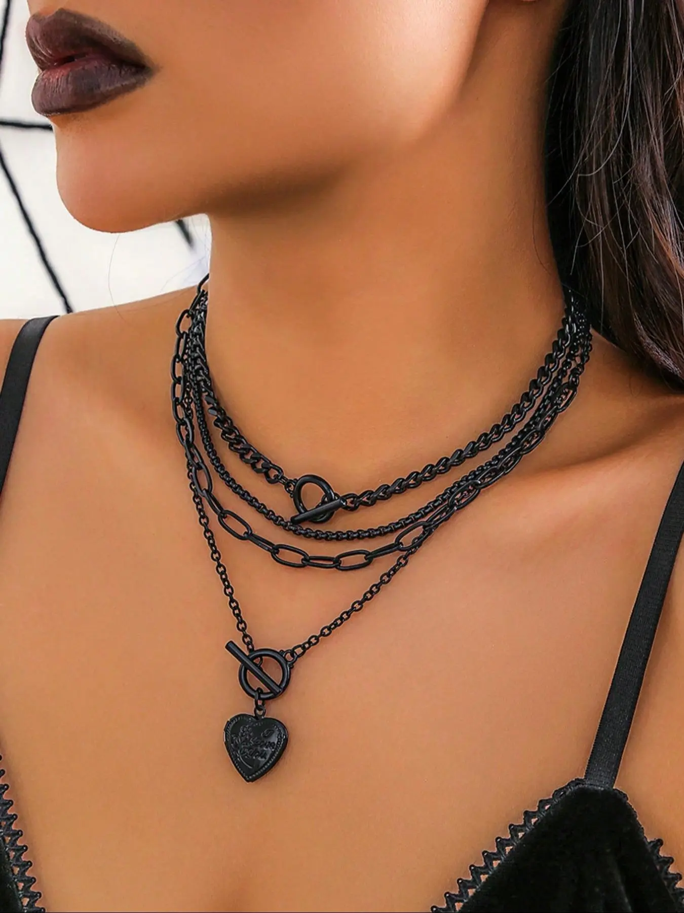 Women's Punk Style Heart Design Pendant Necklace & Ot Buckle Chain Necklaces, 4 Counts Fashion Charm & Chain Necklaces, Trendy Goth Jewelry for Birthday Gift, Gifts for Girlfriend, Valentine's Day, Gift, Gifts for Wife