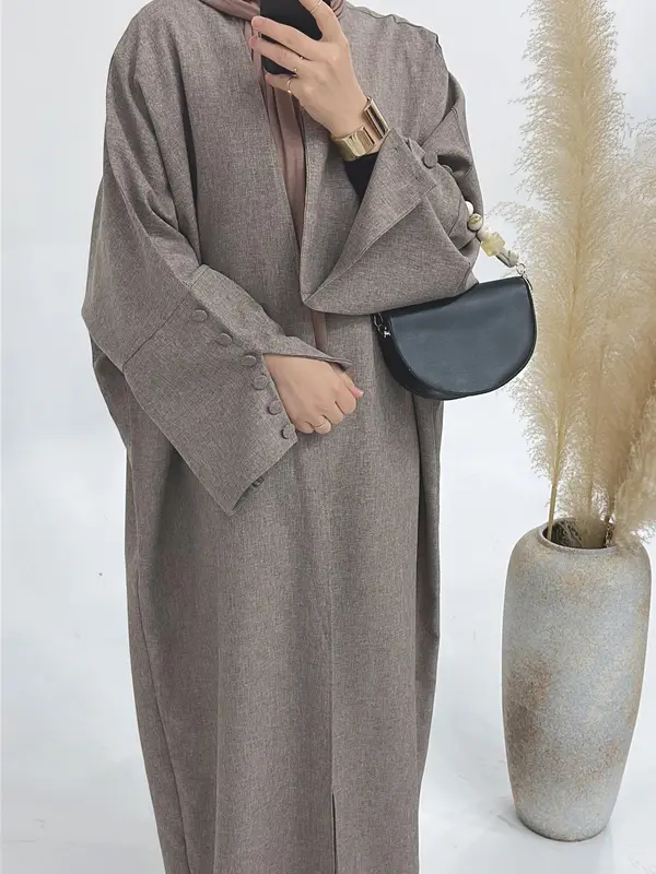 Women's Solid Fake Buttons Split Sleeve Abaya without Hijab, Elegant Modest Comfort Basic Minimalist Long Sleeve Open Front Arabic Clothing, Women's Islamic Clothing, Ladies Clothes for All Seasons 2