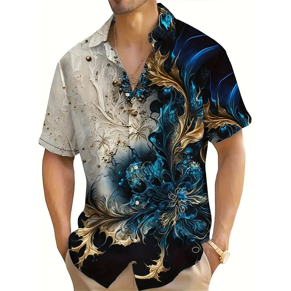 Hawaiian Style Shirt, 3D Printed Vintage Floral Pattern, Short Sleeve Color Block, Lapel, for Men, Oversized Top, Suitable for Summer Vacation, 2025